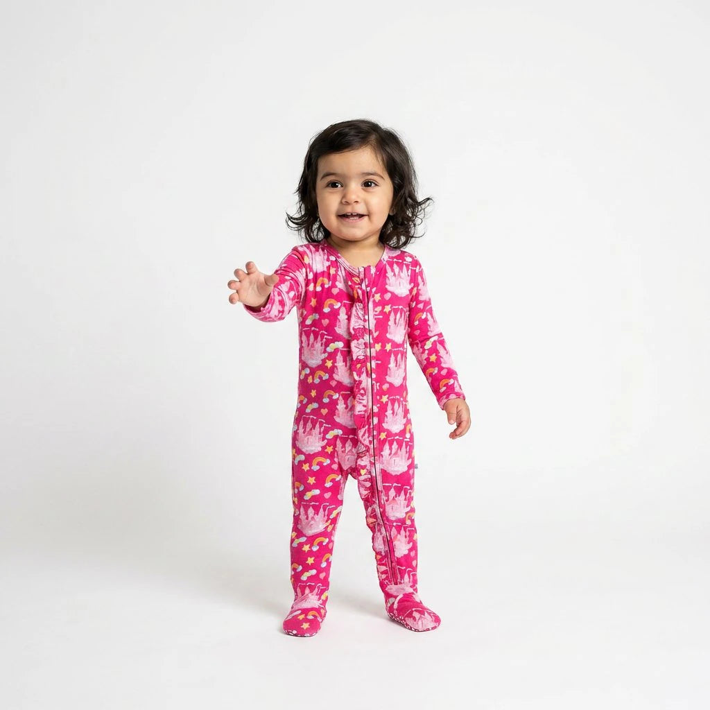 Bamboo One Piece PJ with Ruffles and Mittens - Velvet Fortress