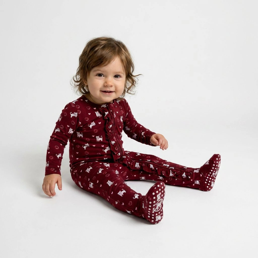 Bamboo One Piece PJ with Ruffles and Mittens - Kitty Cuddles