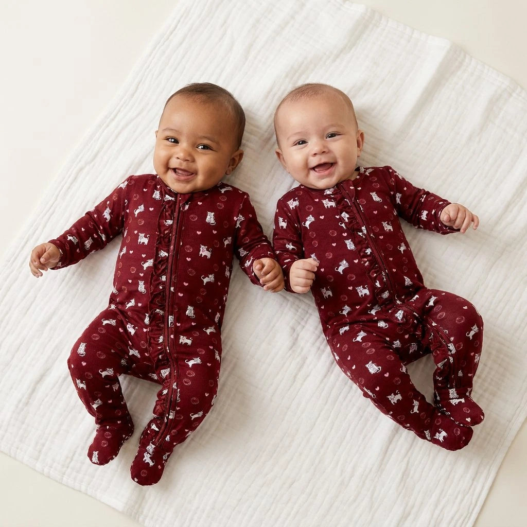 Bamboo One Piece PJ with Ruffles and Mittens - Kitty Cuddles