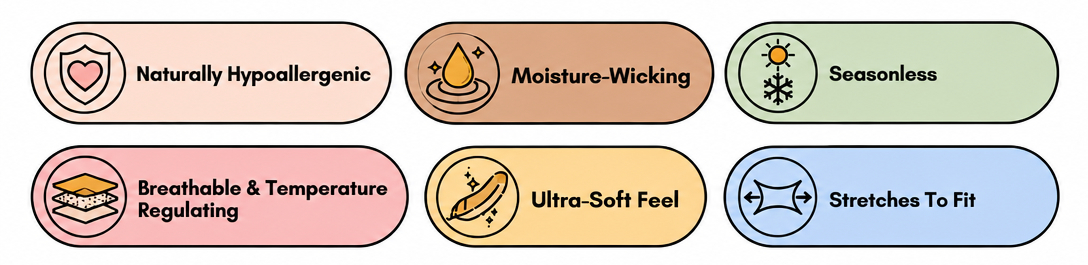 A set of six rounded rectangular feature badges on a white background, each with a small icon and text describing product benefits: naturally hypoallergenic, moisture-wicking, seasonless, breathable and temperature regulating, ultra-soft feel, and stretches to fit.
