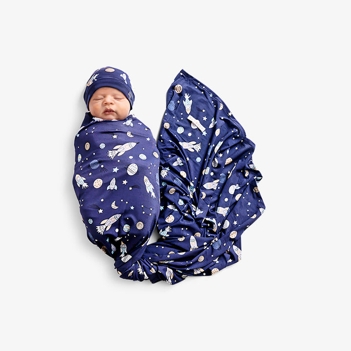 Swaddle and Beanie - Rocket Print