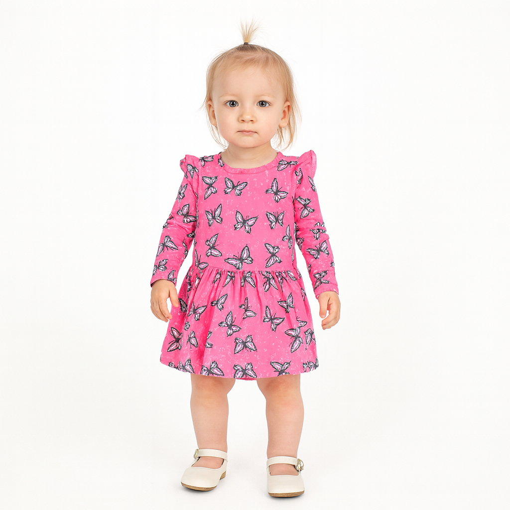 Full Sleeve Baby Girl Dress - Butterfly Print