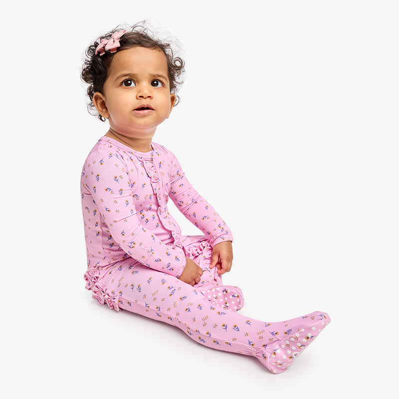 One Piece PJ with Ruffles and Mittens - Floral Print