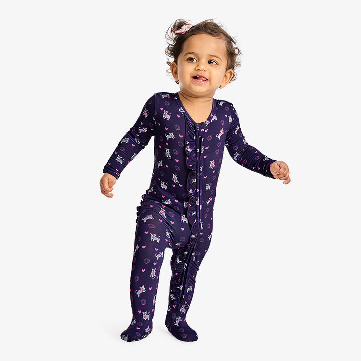 One Piece PJ with Ruffles and Mittens - Cats Print