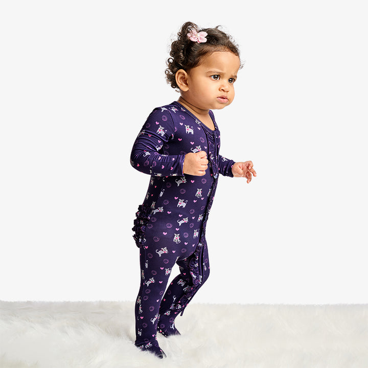 One Piece PJ with Ruffles and Mittens - Cats Print