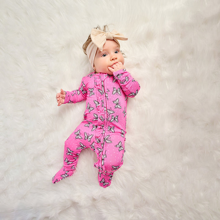 One Piece PJ with Ruffles and Mittens - Butterfly Print