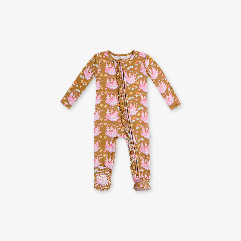 One Piece PJ with Ruffles and Mittens - Castle Print