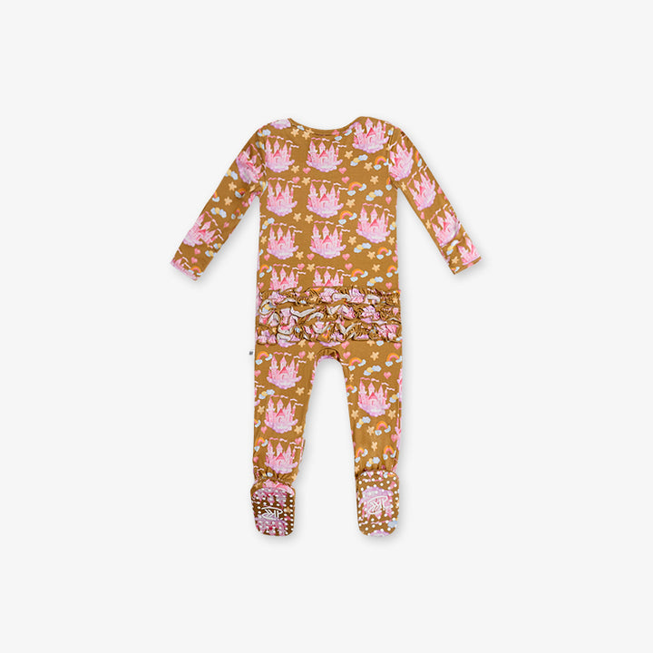 One Piece PJ with Ruffles and Mittens - Castle Print