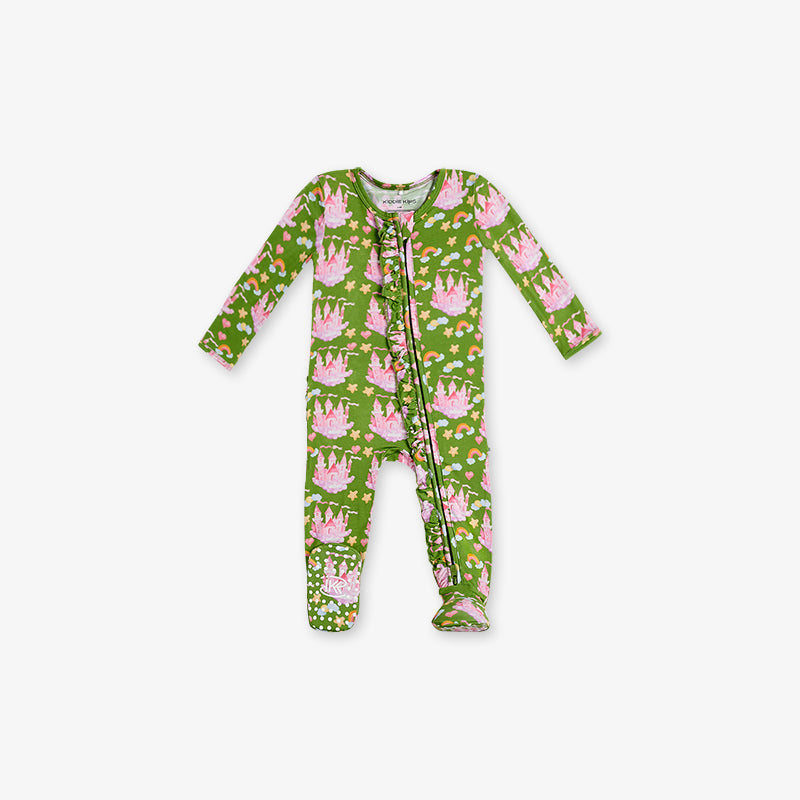One Piece PJ with Ruffles and Mittens - Castle Print