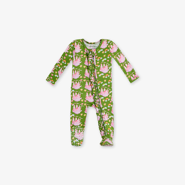 One Piece PJ with Ruffles and Mittens - Castle Print