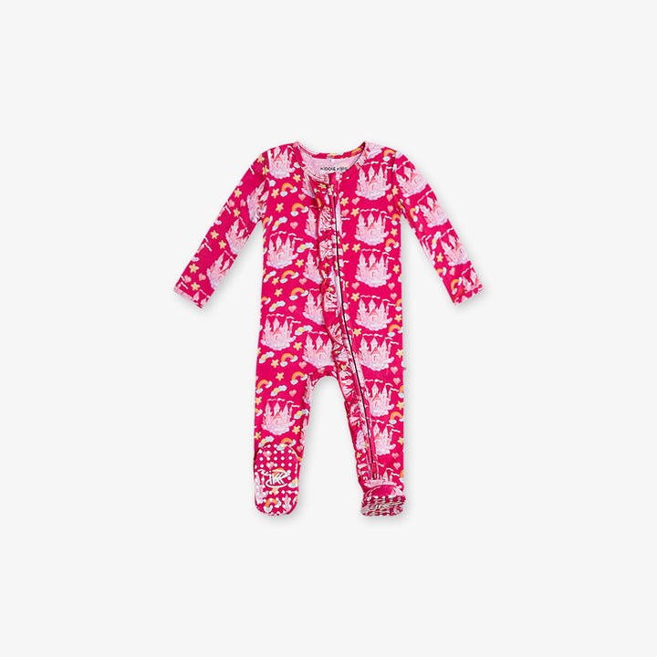 One Piece PJ with Ruffles and Mittens - Castle Print