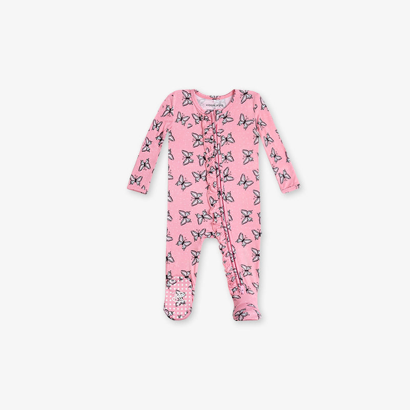 One Piece PJ with Ruffles and Mittens - Butterfly Print