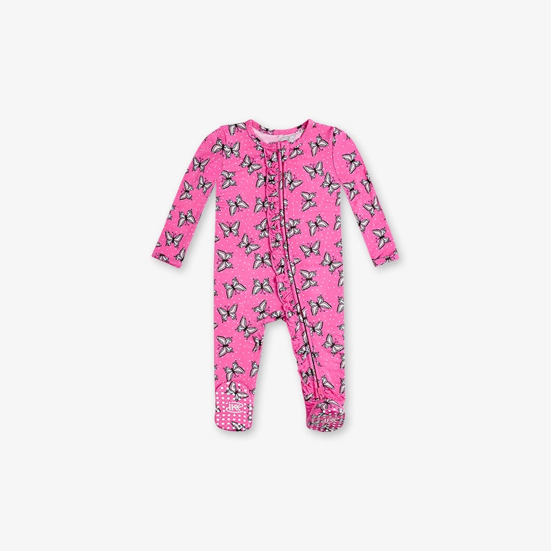 One Piece PJ with Ruffles and Mittens - Butterfly Print