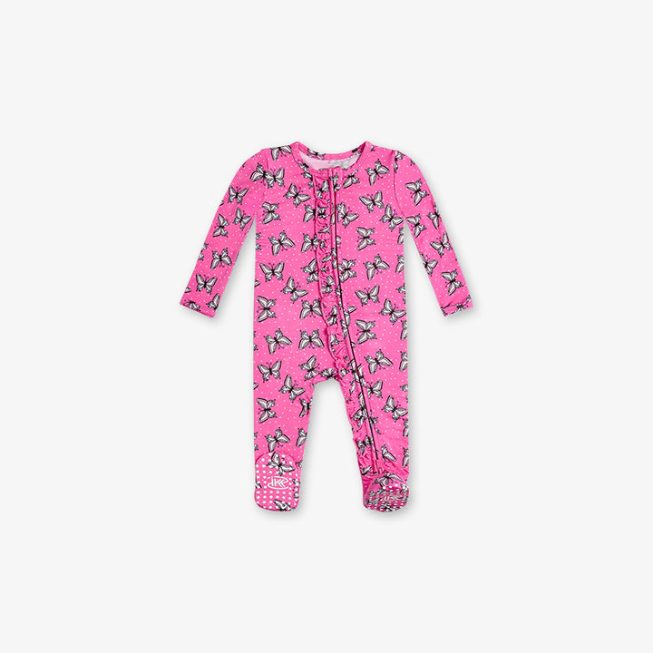 One Piece PJ with Ruffles and Mittens - Butterfly Print