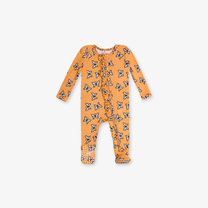 One Piece PJ with Ruffles and Mittens - Butterfly Print