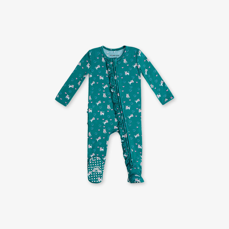 One Piece PJ with Ruffles and Mittens - Cats Print