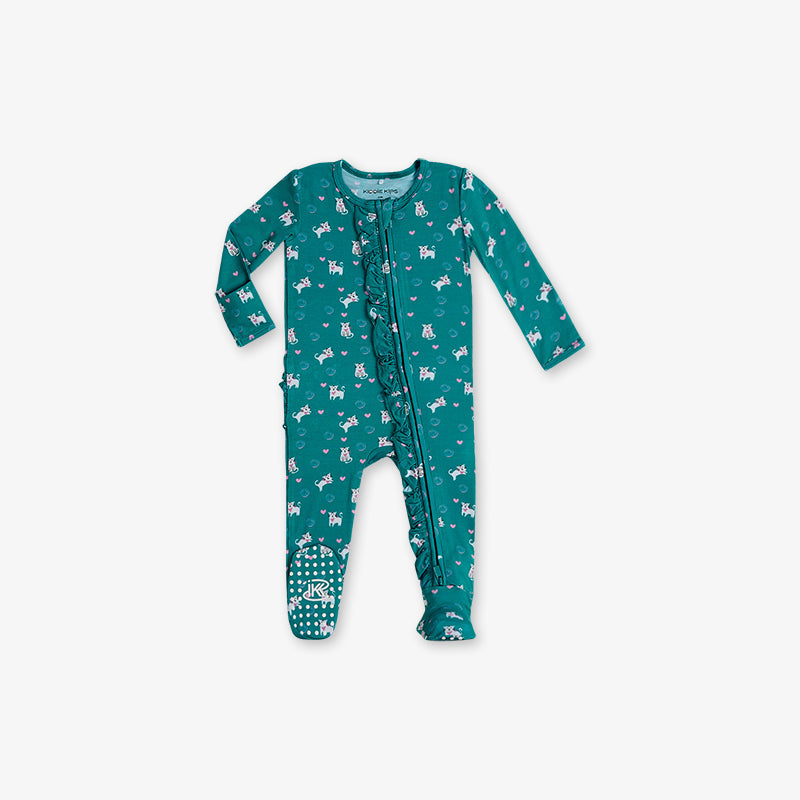 One Piece PJ with Ruffles and Mittens - Cats Print
