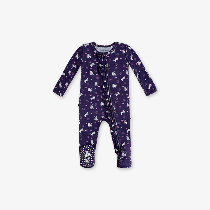 One Piece PJ with Ruffles and Mittens - Cats Print