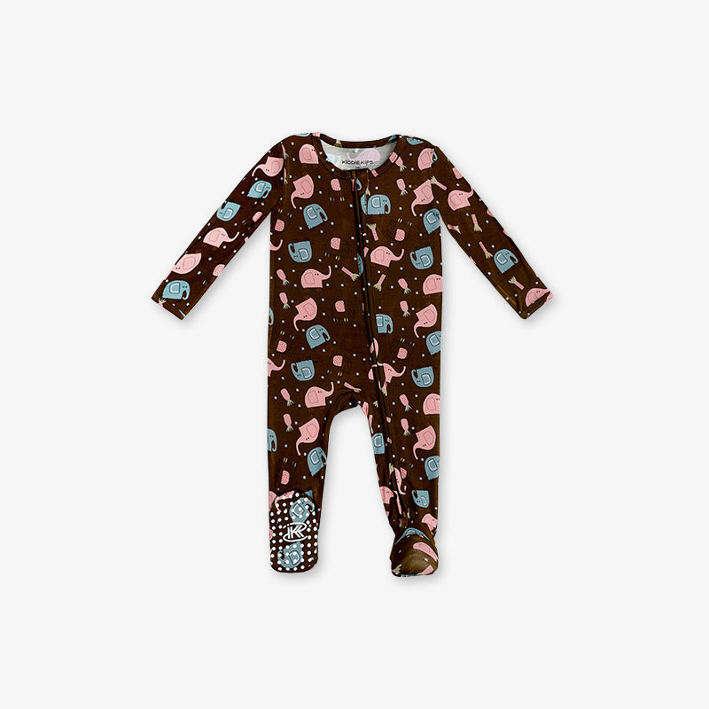 One Piece PJ with Mittens - Elephant Print