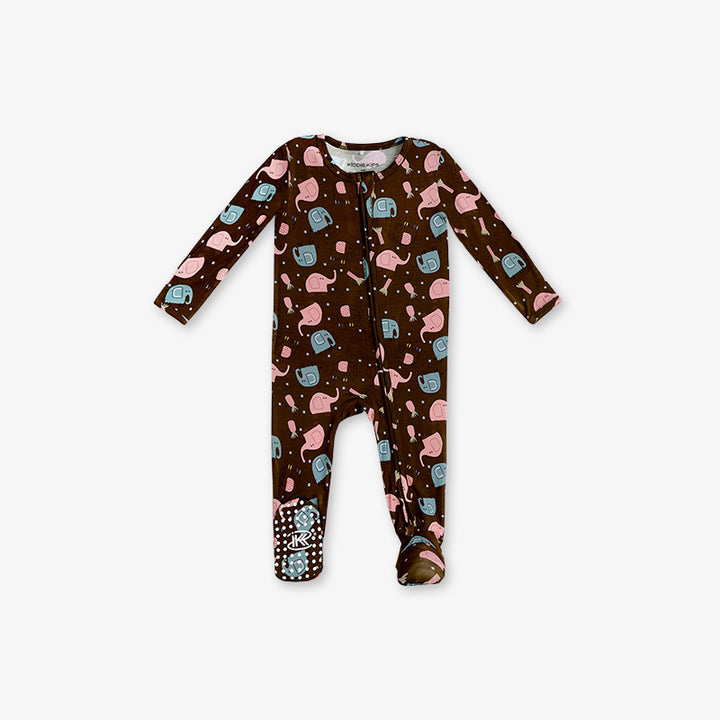 One Piece PJ with Mittens - Elephant Print