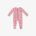 Pink baby onesie with animal pattern on a white background
