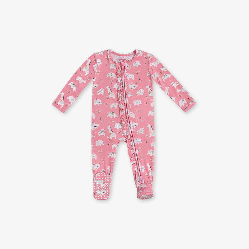 Pink baby onesie with animal pattern on a white background