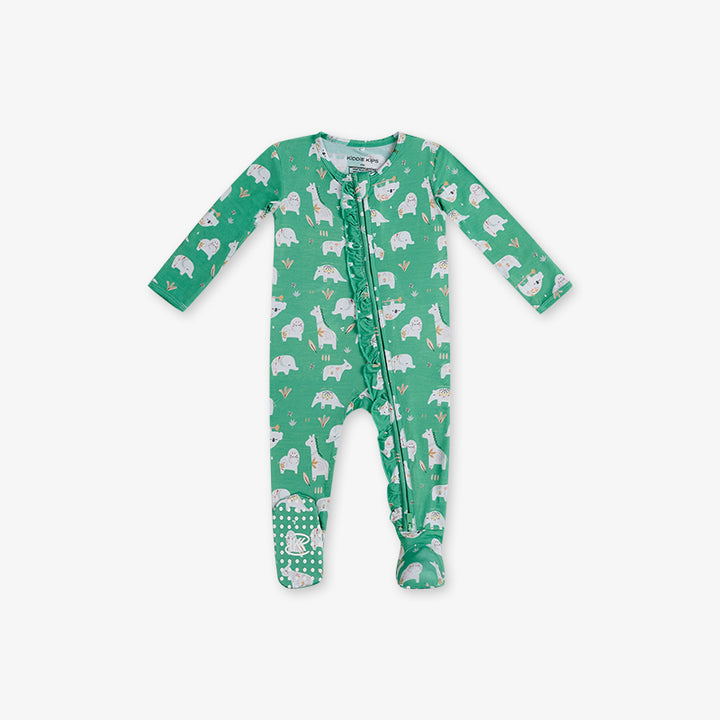 One Piece PJ with Ruffles and Mittens -Animal Print