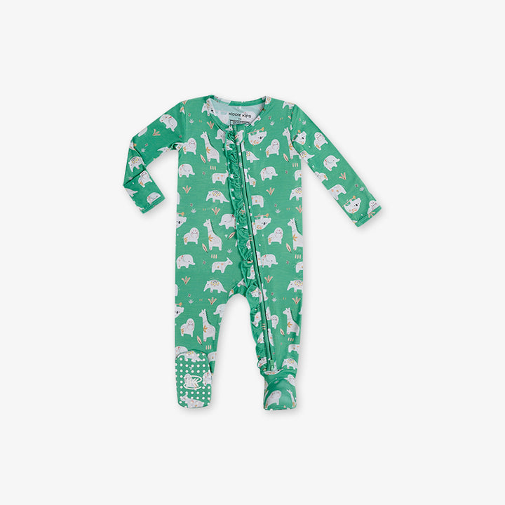 One Piece PJ with Ruffles and Mittens -Animal Print