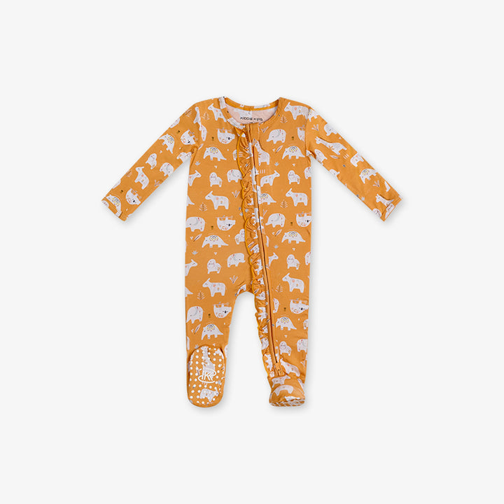 One Piece PJ with Ruffles and Mittens -Animal Print