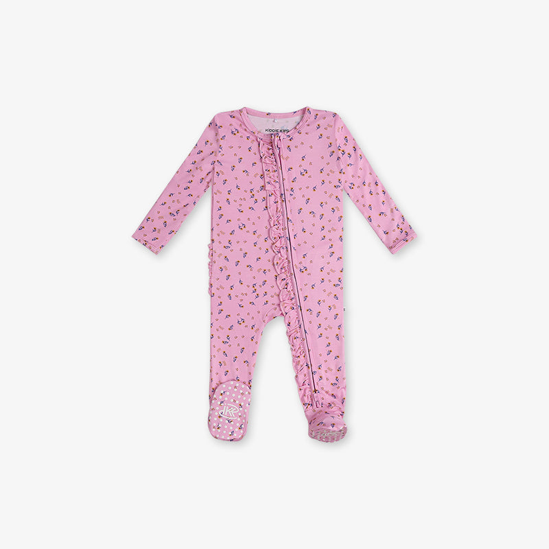 One Piece PJ with Ruffles and Mittens - Floral Print