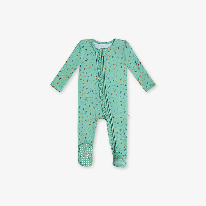 One Piece PJ with Ruffles and Mittens - Floral Print