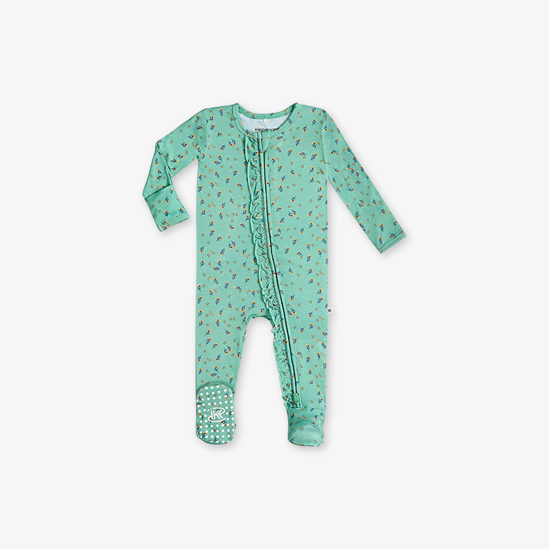 One Piece PJ with Ruffles and Mittens - Floral Print
