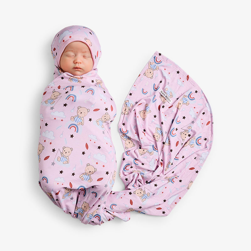Swaddle and Beanie - Teddy Bear Print