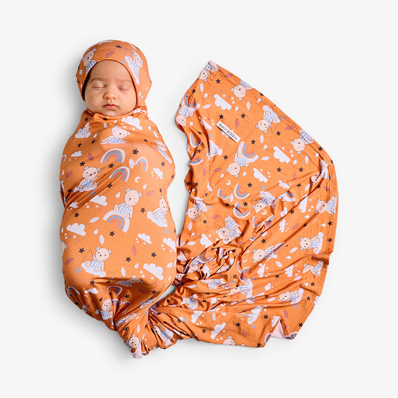 Swaddle and Beanie - Teddy Bear Print