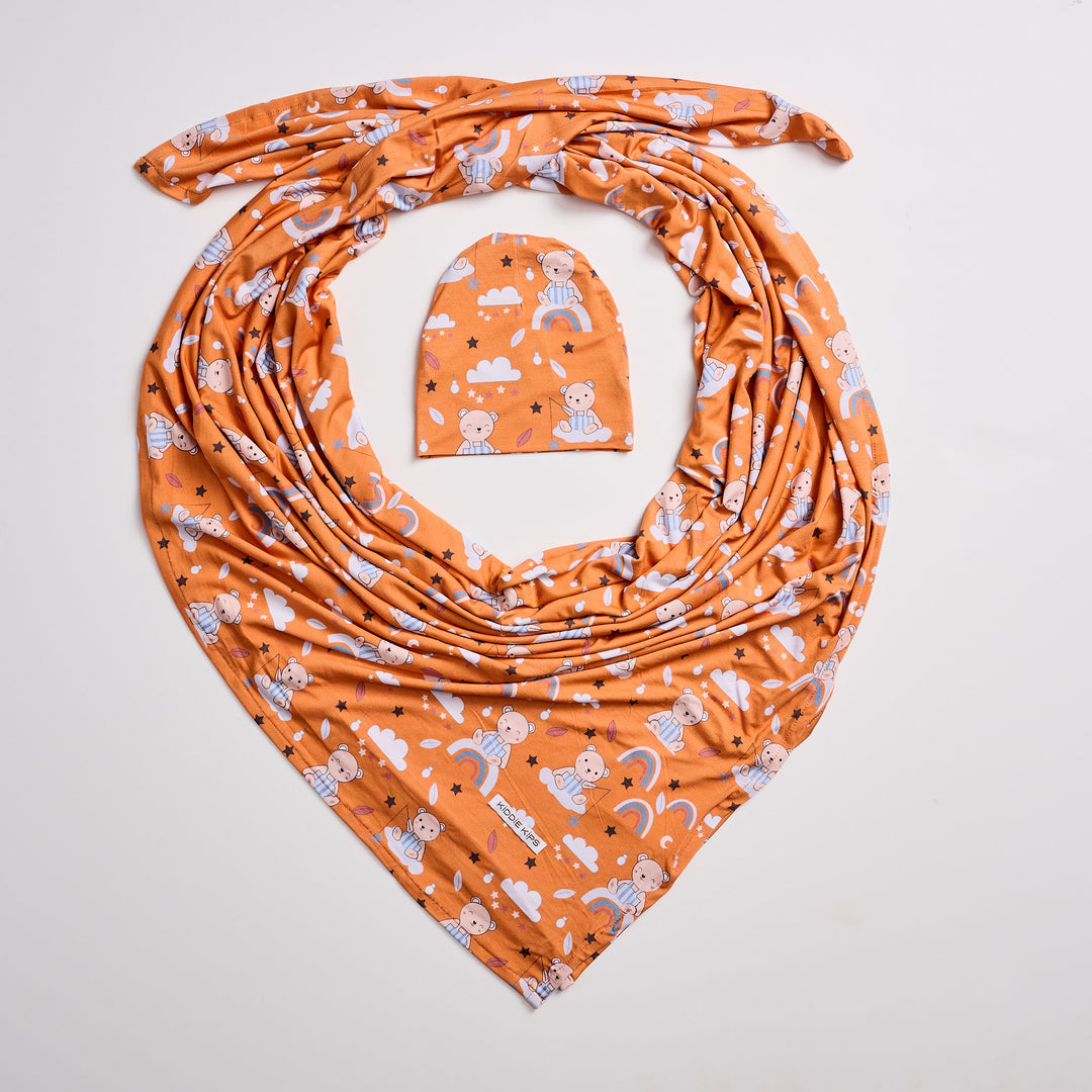 Swaddle and Beanie - Teddy Bear Print