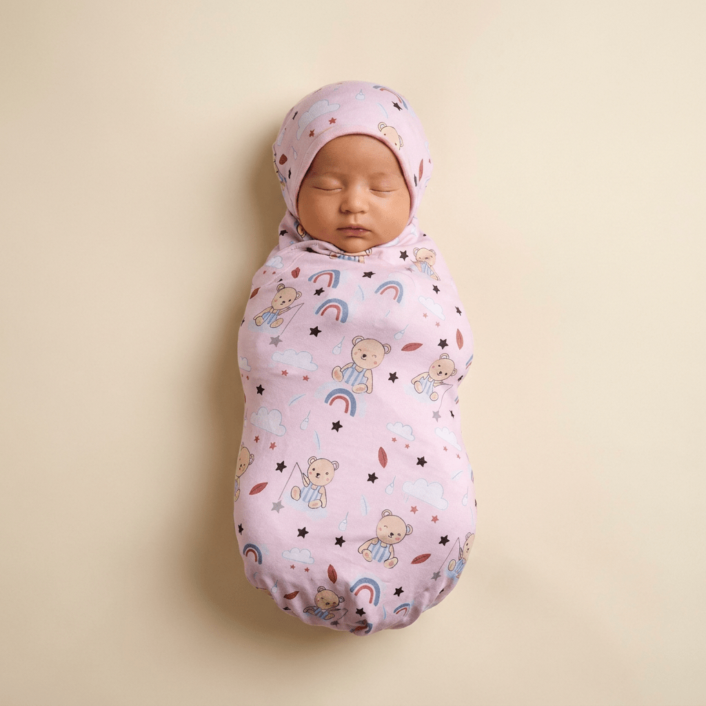 Bamboo Swaddle and Beanie - Teddy Snuggle - Kiddie Kips
