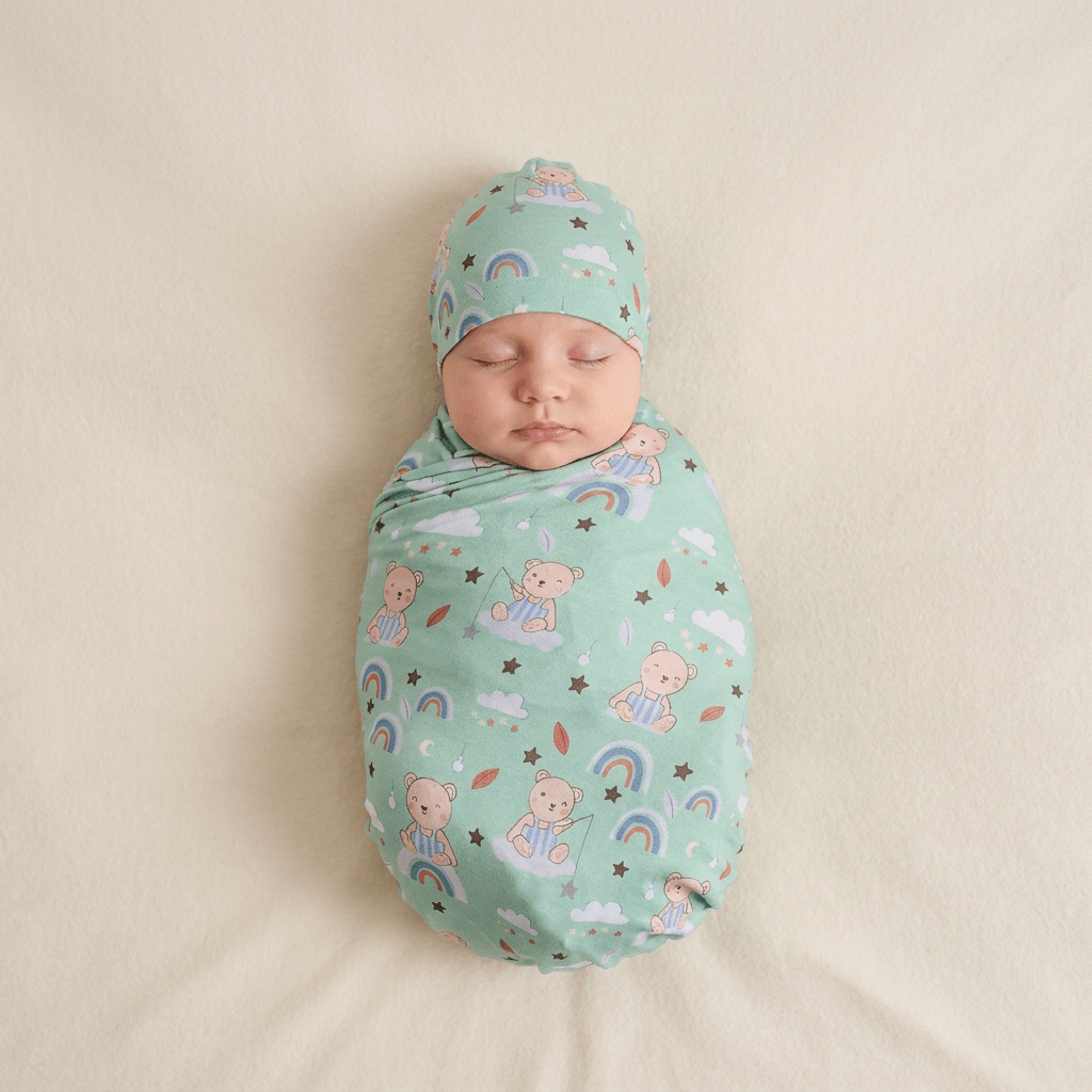 Bamboo Swaddle and Beanie - Teddy Snuggle - Kiddie Kips