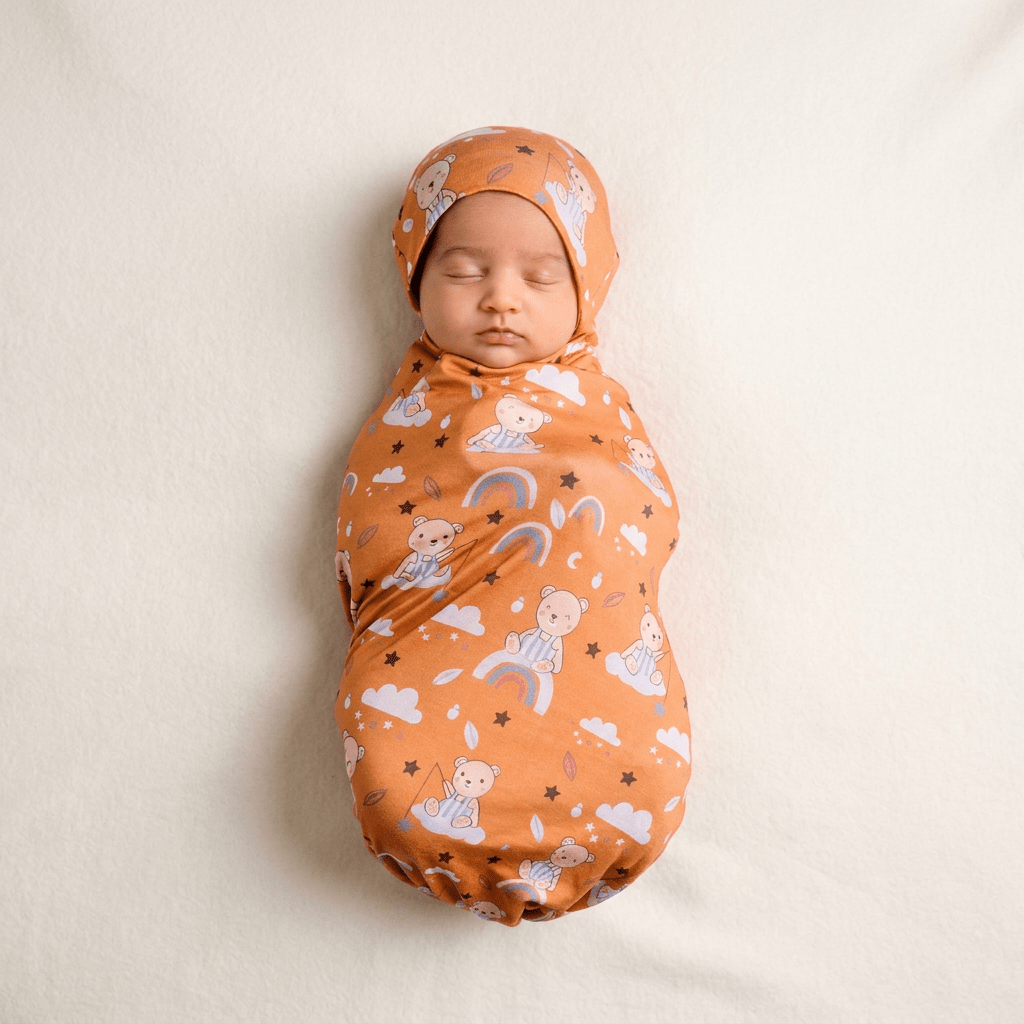 Bamboo Swaddle and Beanie - Teddy Snuggle - Kiddie Kips